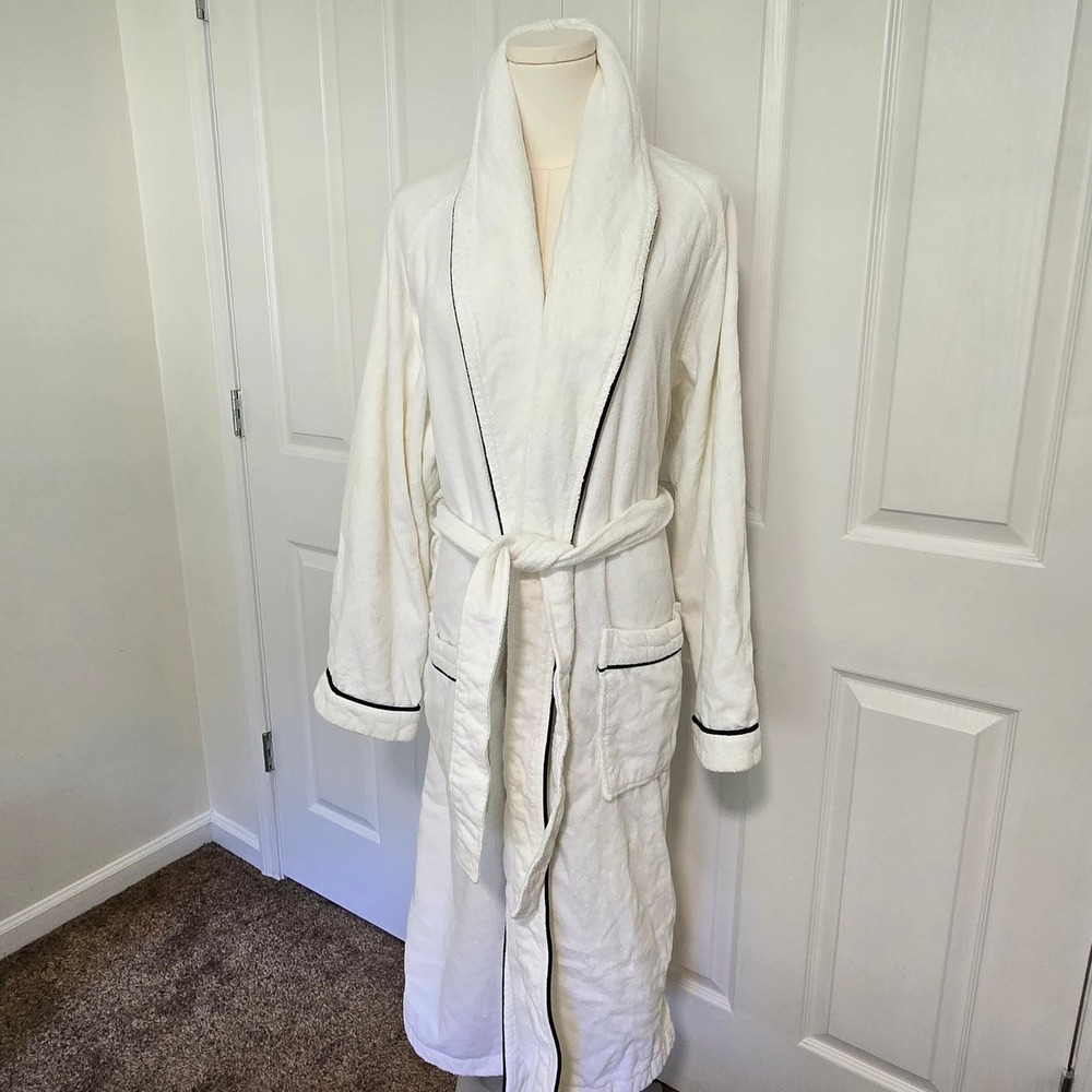 Frette Bathrobe Unisex One Size White Cotton Terry Cloth Shawl Collar Piping